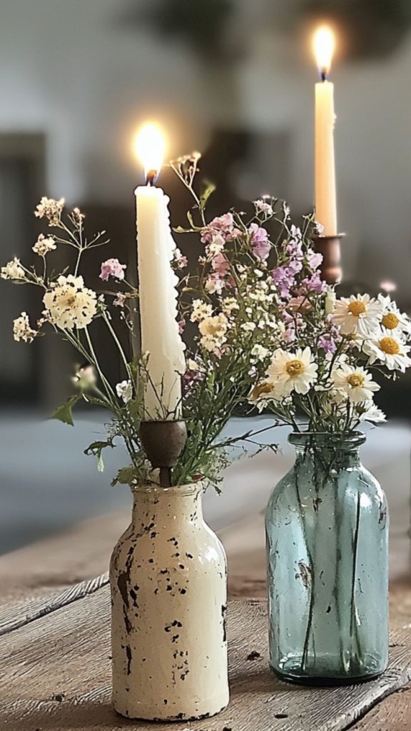 farmhouse dining room ideas - old bottles as vases
