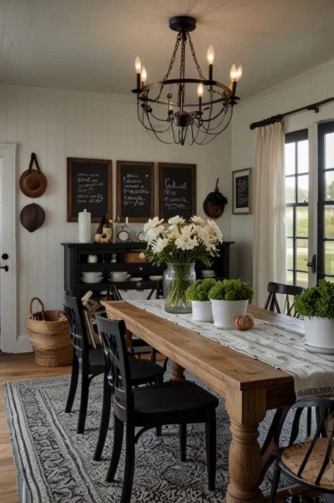 potted plants in farmhouse dining room