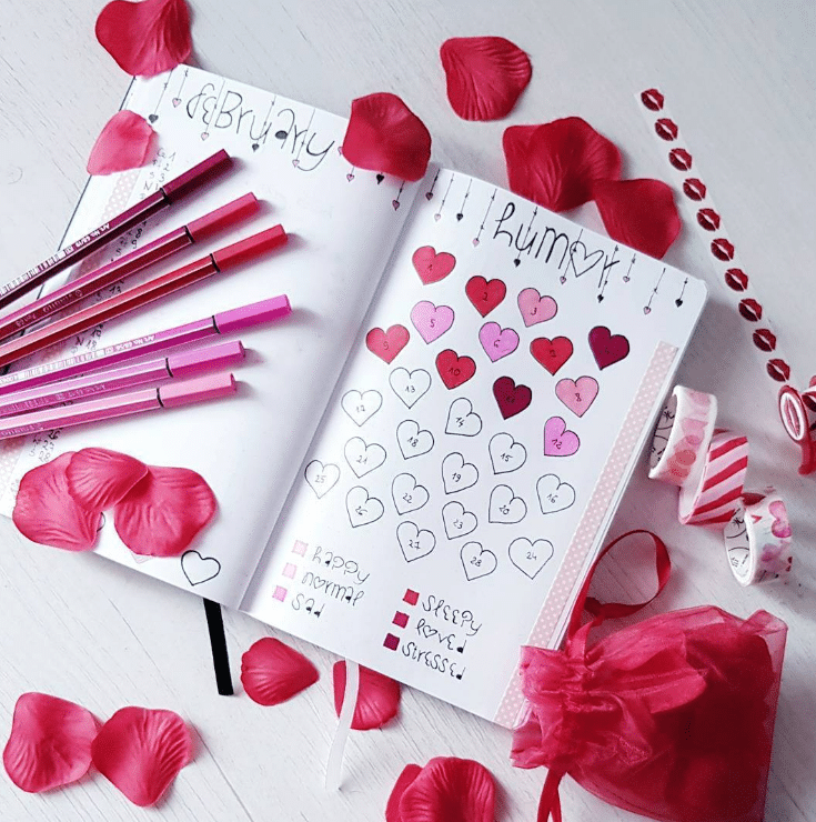 February mood tracker - bright red hearts