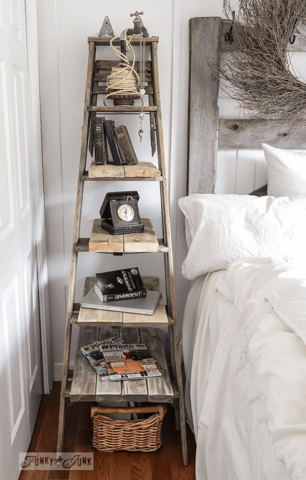 turn junk into home decor -turn junk into home decor -ladder to bedside table