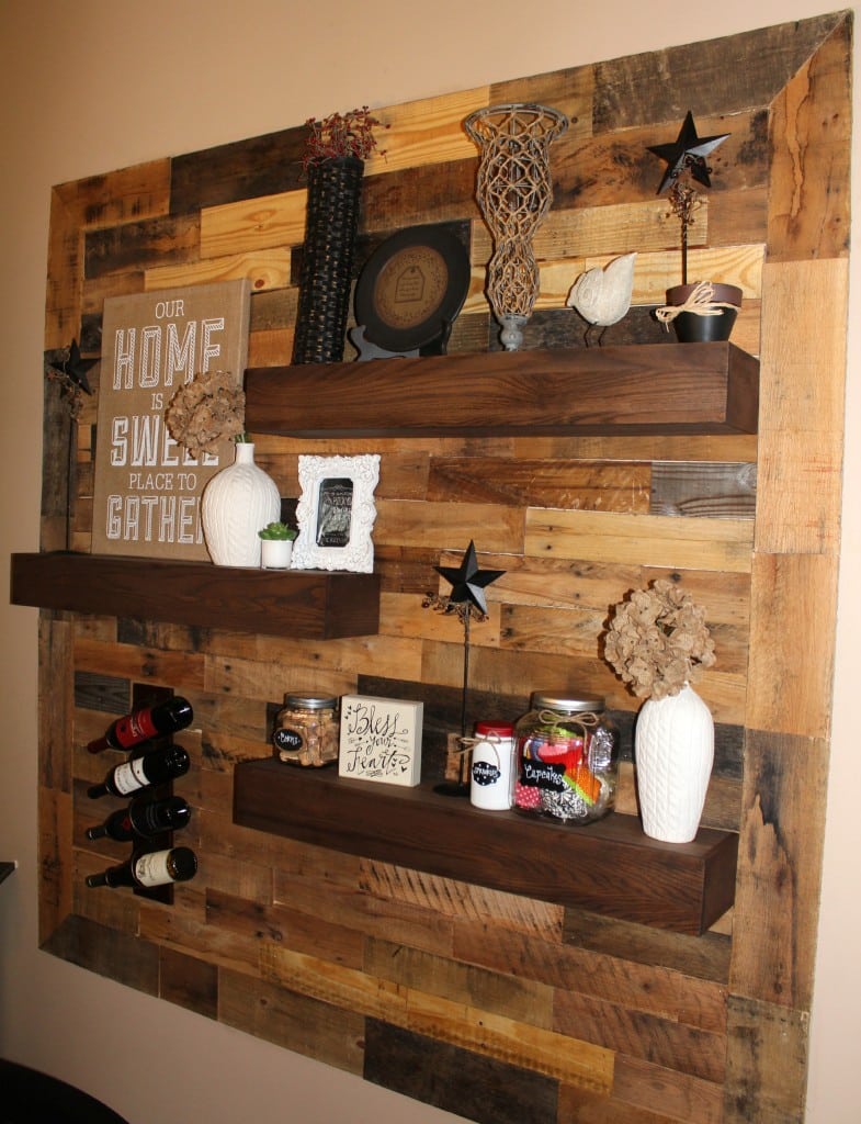 pallets and shelves as focal point in the dining room