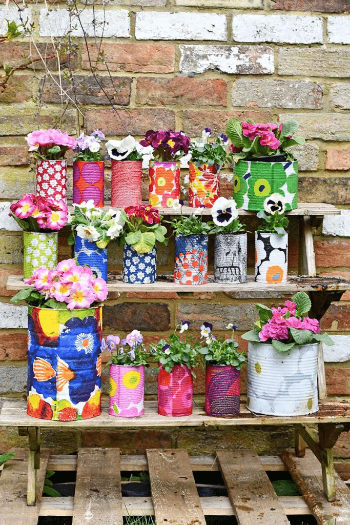 tin cans used in flower garden
