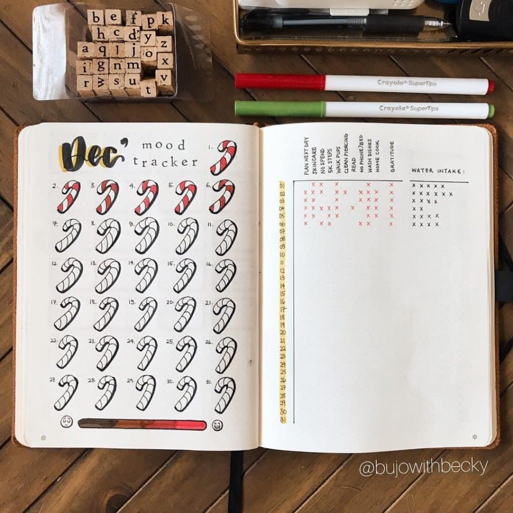 winter theme ideas for your bullet journal - candy cane