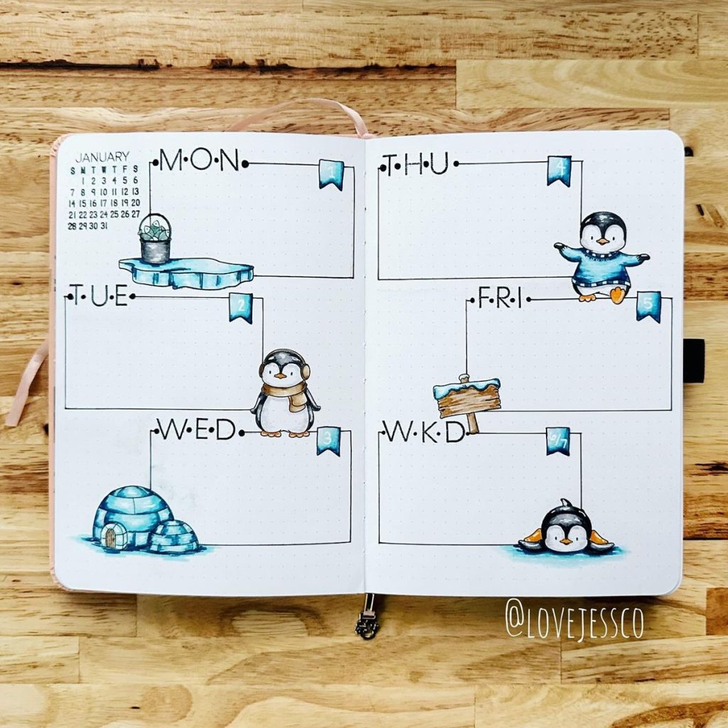 winter theme ideas for your bullet journal - penguin