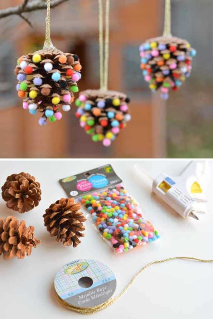pinecone and pom  poms ornament
