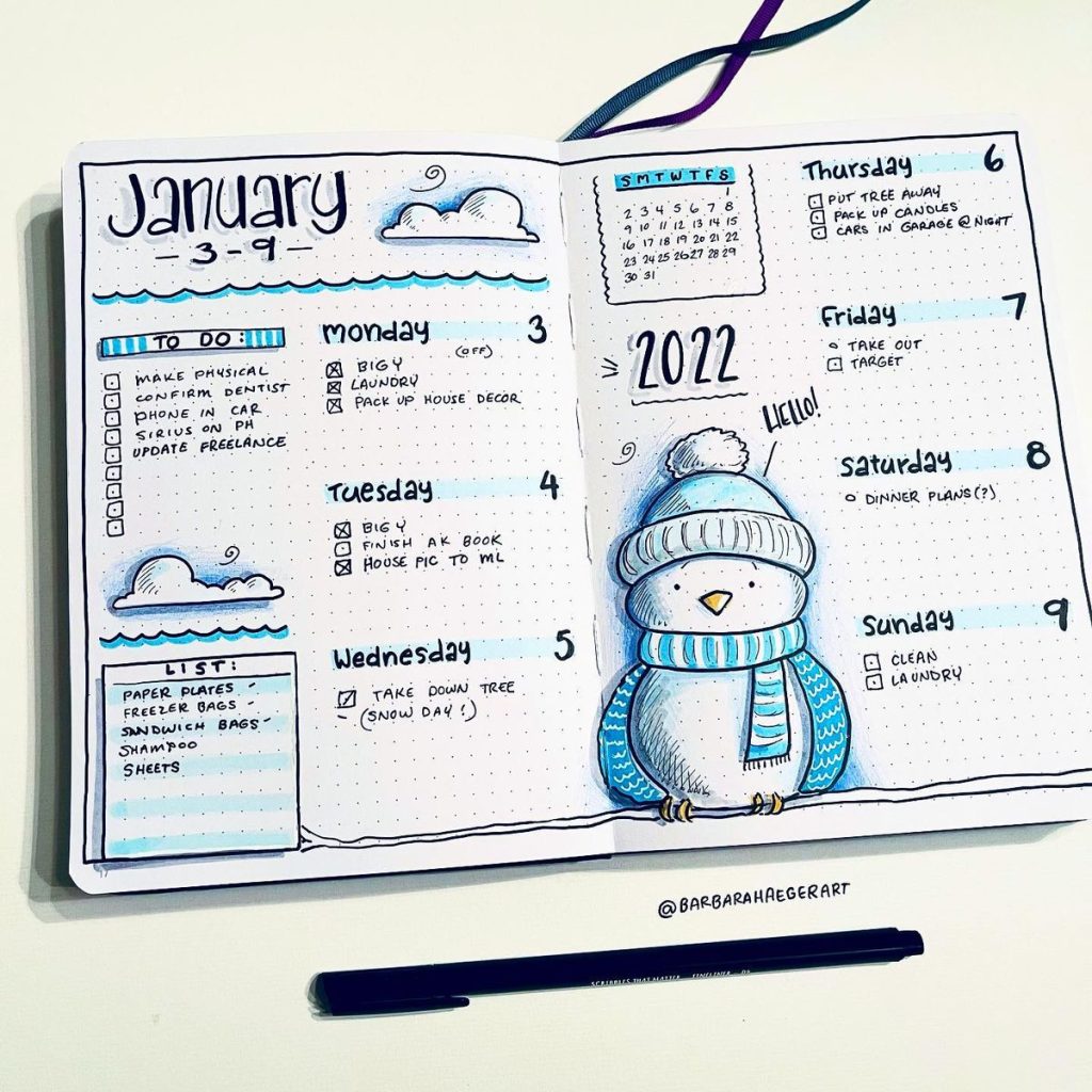 winter theme ideas for your bullet journal - snowman
