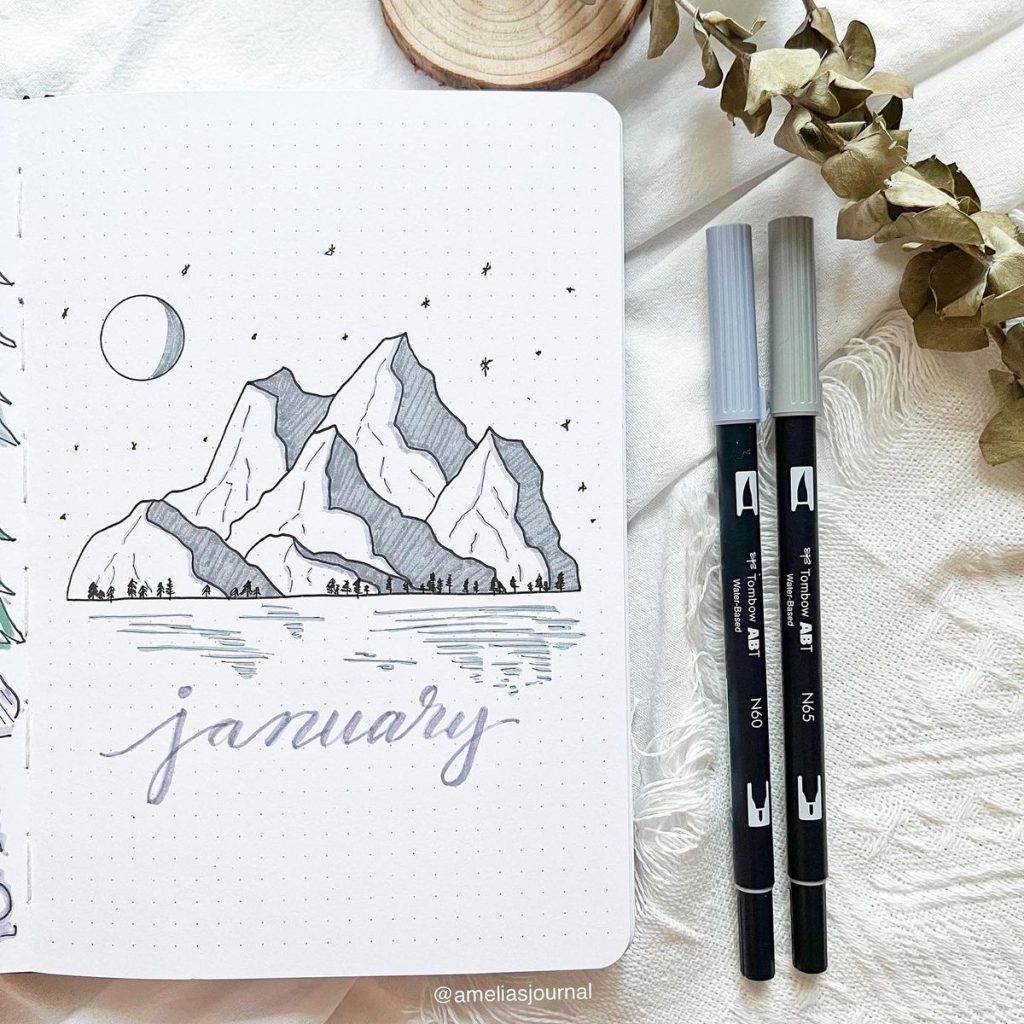winter theme ideas for your bullet journal - snowy mountains