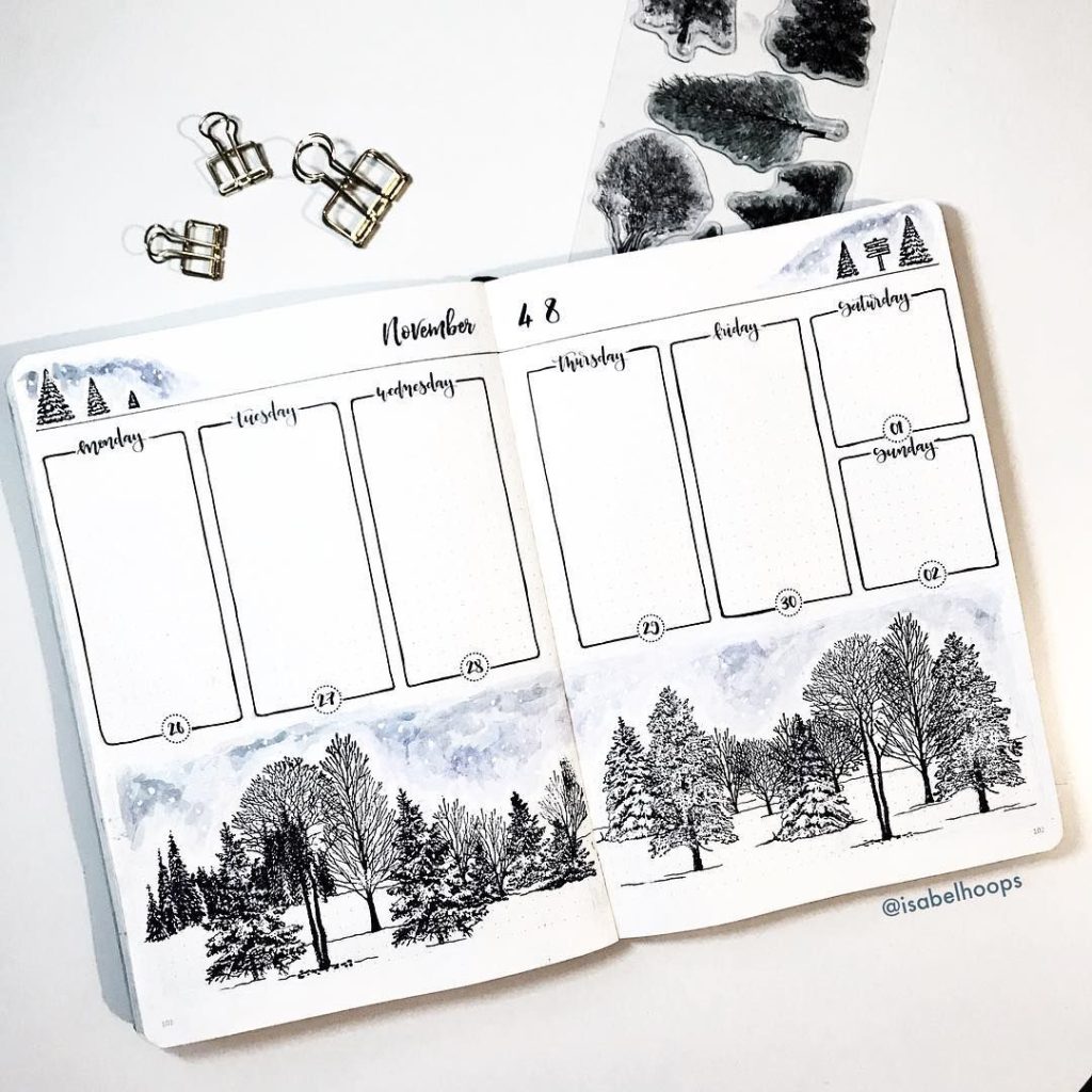 winter theme ideas for your bullet journal - winter trees